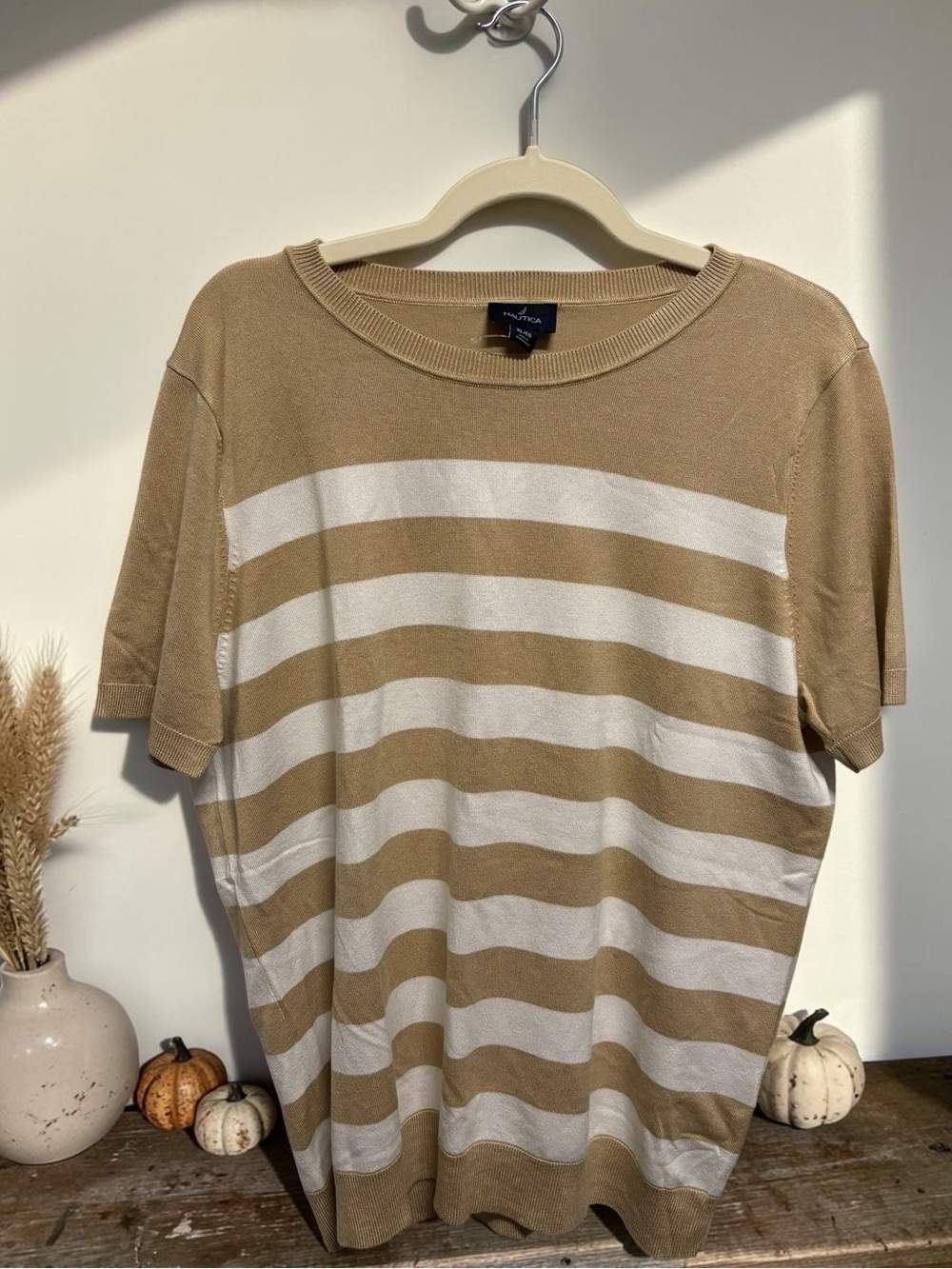 NWT Nautica Soft Tan & Cream Striped Short Sleeve Sweater XL